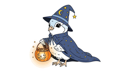 Mystical Avian Halloween: A charming avian dressed as a wizard, complete with a pointy hat and cape, carries a jack-o'-lantern.