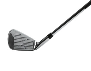 Golf club iron angled, with a black shaft against a pure black background