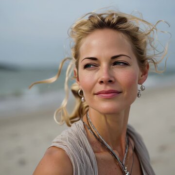 a slim beautiful 40 years old woman on a beach