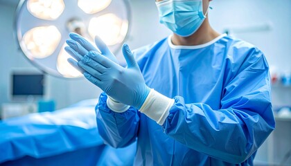 Surgeon preparing for medical operation in sterile blue gown and gloves inside modern hospital operating room, symbolizing healthcare, hygiene, and professional safety