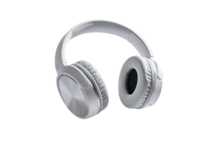 Overhead white headphones on a dark background, angled slightly forward