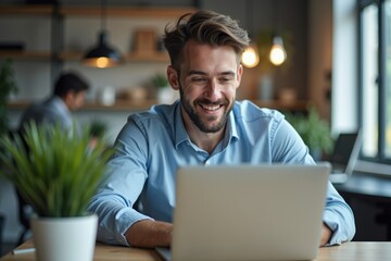 Fototapeta premium Young Businessman Working on Laptop in a Modern Office: Navigating the Digital World of Technology and Entrepreneurship