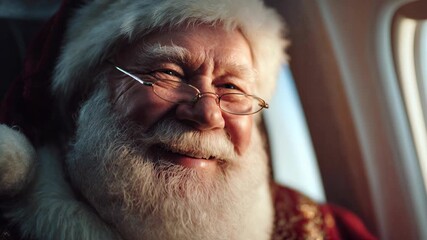 Happy Santa beams beside an airplane window, warm dusk glow painting the cabin while miles drift by; uplifting travel content ready for loyalty programs — cinem