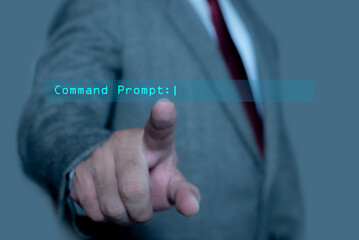 Business man hand pointing command prompt. Concept of advanced technology, automation, and human-computer interaction. AI Artificial Intelligence.