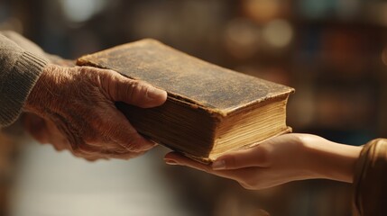 Passing the Baton: A close-up shot shows the symbolic transfer of an ancient, worn book from the aged hands to the younger generation's hands, representing knowledge.