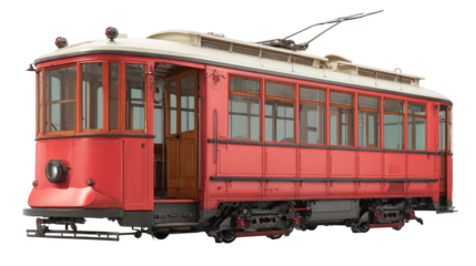 Vintage red streetcar with cream roof, side windows, and wooden details