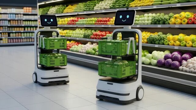 Autonomous robots revolutionize grocery shopping, navigating aisles and collecting fresh produce for customers, enhancing efficiency and convenience in retail environments ai generated vedio