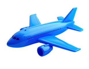 Glossy, blue toy airplane, digitally rendered against a stark black background