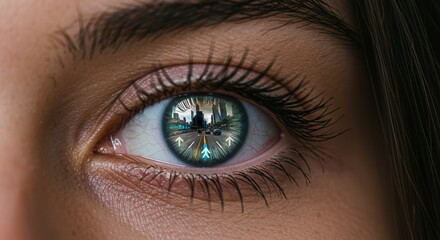 An extreme close-up of an eye with a smart contact lens displaying augmented reality navigation, showcasing the ultimate in discreet, futuristic wearable technology.