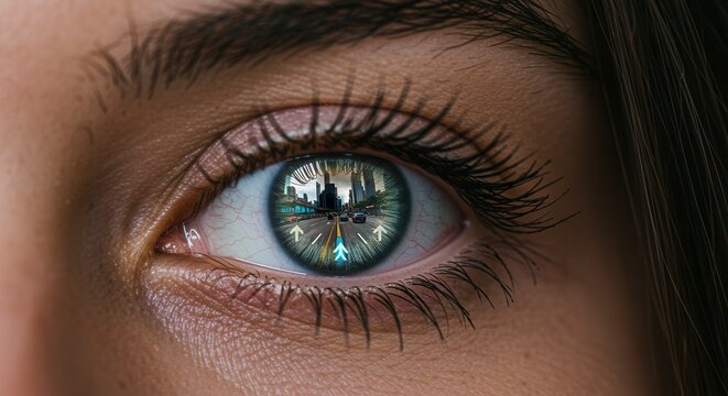 An extreme close-up of an eye with a smart contact lens displaying augmented reality navigation, showcasing the ultimate in discreet, futuristic wearable technology.