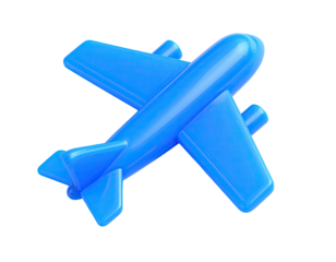 A vibrant blue toy-like airplane, rendered with a glossy, smooth finish