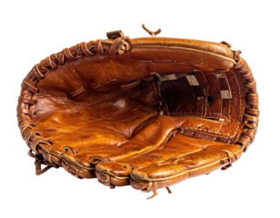 Open, well-worn, brown leather baseball glove against a black background