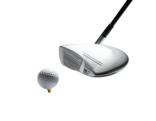 A golf club poised to strike a ball on a tee against a black background