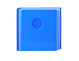A shiny blue die, displaying a single pip, set against a solid black backdrop