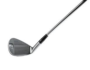 Shiny golf club, positioned at an angle, with detailed head and grip