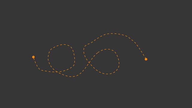 Orange Dashed Line Path with Two Dots on Dark Gray Background Keywords: dashed line, path, curve, loop, squiggle, line art, graphic, design element, abstract, simple, clean, minimal, dark gray