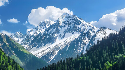 Obraz premium Snowy mountain peaks with forest