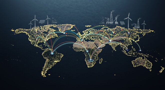 Global Energy Infrastructure Map with Wind Turbines and Oil Rigs in Dark Night Scene