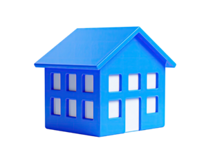 3D rendered blue house icon with two stories and rectangular windows
