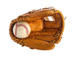 Overhead view of a baseball glove with a baseball nestled inside, isolated on black