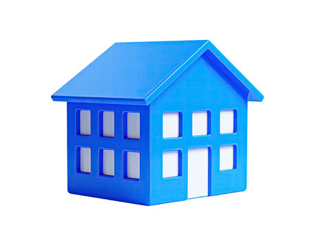 3D rendered blue house icon with two stories and rectangular windows