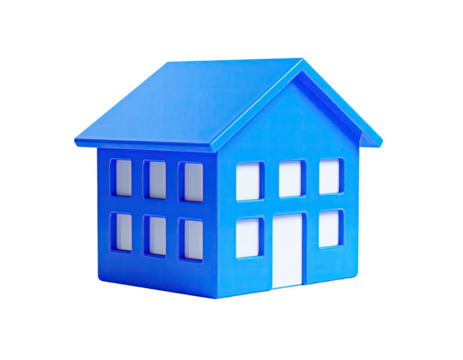 3D rendered blue house icon with two stories and rectangular windows