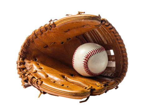 A well-worn leather baseball glove cradling a white baseball with red stitching