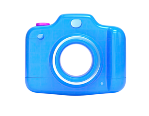 Vibrant blue and pink cartoon camera on black background, front view