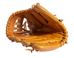 Brown leather baseball glove, open, showing pocket and lacing, against a black background
