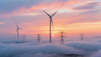 New energy wind power generation sunset sea of clouds environmental protection technology background
