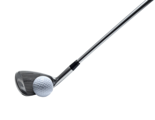 A golf club poised to strike a golf ball, isolated on a black background