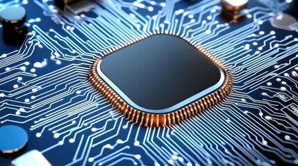 Detailed Close-Up of a Microchip on a Circuit Board with Lights