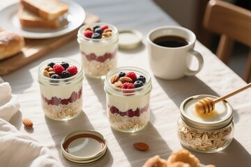 Healthy Yogurt Parfait with Berries and Nuts in Jars on Rustic Table