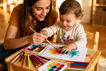 Mother and Child Enjoying Creative Painting Activity Together