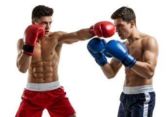 Two boxers fighting with red and blue gloves, white background