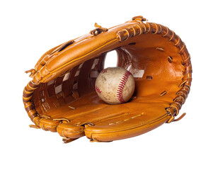 Brown leather baseball glove open with worn ball inside, isolated on black