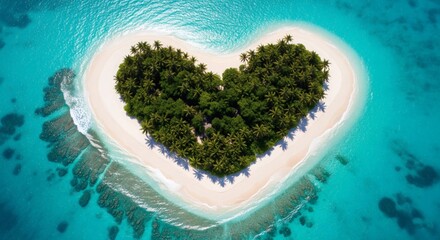 Aerial top-down view of a tropical island shaped like a heart, surrounded by crystal clear turquoise water and white sandy beaches