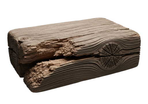 Gnarled, weathered wooden plank, extreme macro, jagged fracture, whorled knot, on transparent, dramatic raking light accentuating texture. Concept of decay and resilience