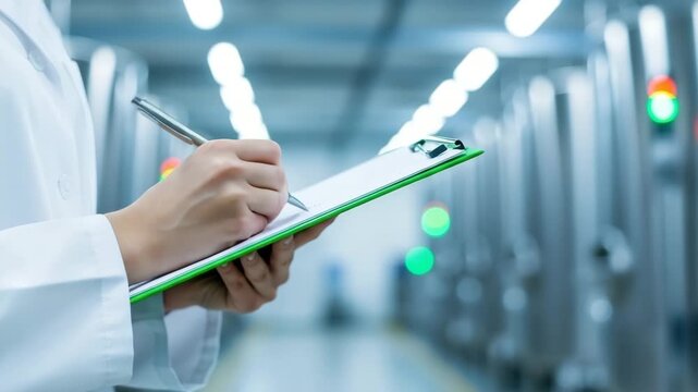 Quality control expert meticulously documenting production data on a clipboard in a modern factory, ensuring adherence to standards and optimizing processes ai generated vedio