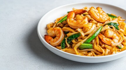 Delicious Shrimp Noodles with Vegetables on a White Plate