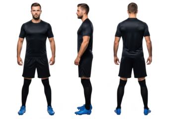 Man wearing black soccer uniform isolated on transparent background