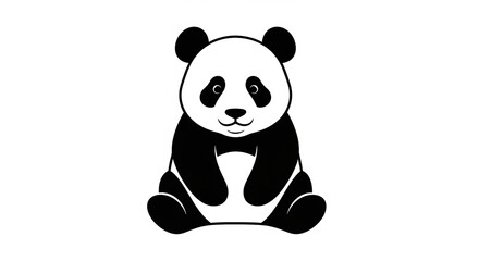 Fototapeta premium Cute black and white cartoon panda sitting upright, facing forward with a gentle smile on a white background.