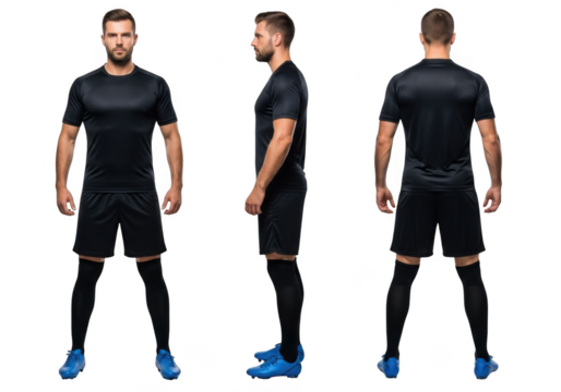 Man wearing black soccer uniform isolated on transparent background