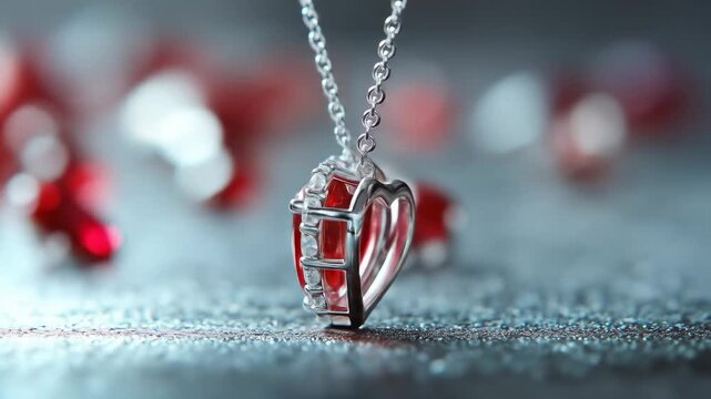 Heart pendant with ruby gemstone and diamond halo, on textured background