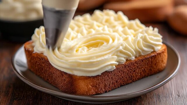 Icing cake with rosette piping, square treat on plate, dark wooden table