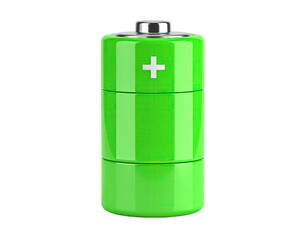 A single, bright green cylindrical power cell with a plus sign, isolated on black