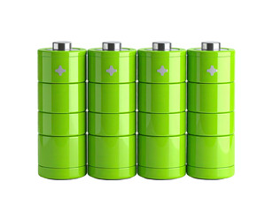 Four stacks of cylindrical, neon green cells with metallic caps against black