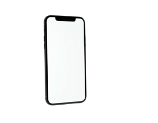 Modern smartphone with a bright white screen, slightly angled, on a black background