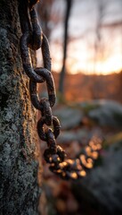 Close-up of a weathered chain wrapped around a stone, bathed in warm, golden light at sunrise.