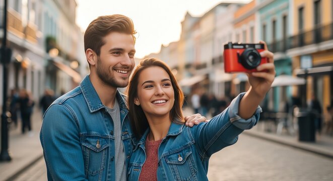 Smiling couple taking a selfie with a red camera on a vibrant city street during golden hour, capturing their travel adventure together - Powered by Adobe